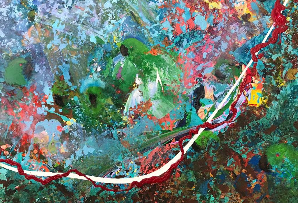 "Dando Lora" "Parrots Fooling around" 80x84 cms